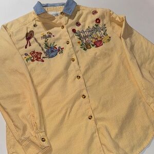 Vintage Casey & Max Charming Yellow Gardening‎ Embroidered Button Down Shirt S